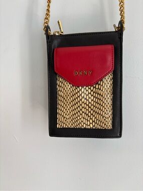 DKNY Black, Red & Gold Snake-Print Crossbody phone / Card Case